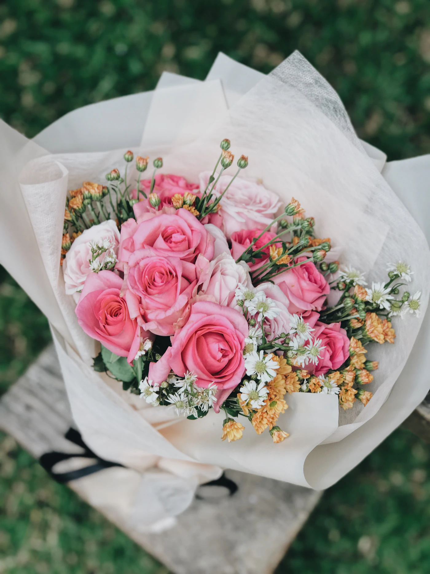 Pink and white bouquet with garden greenery, reference photograph